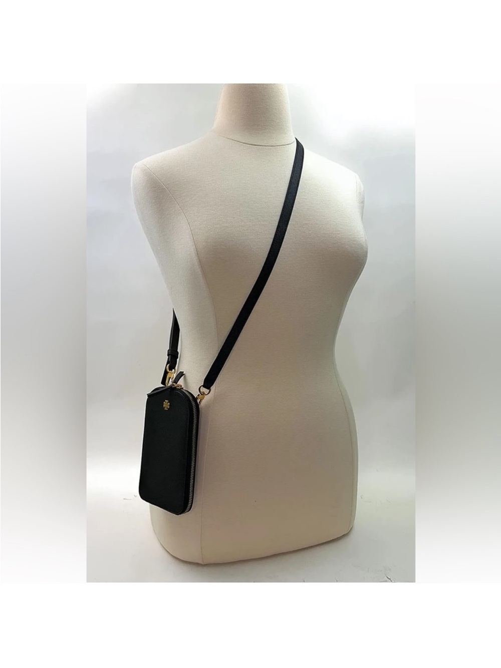 Tory Burch Black Saffiano Leather Crossbody Phone Pouch with Gold Logo - Picture 6 of 6